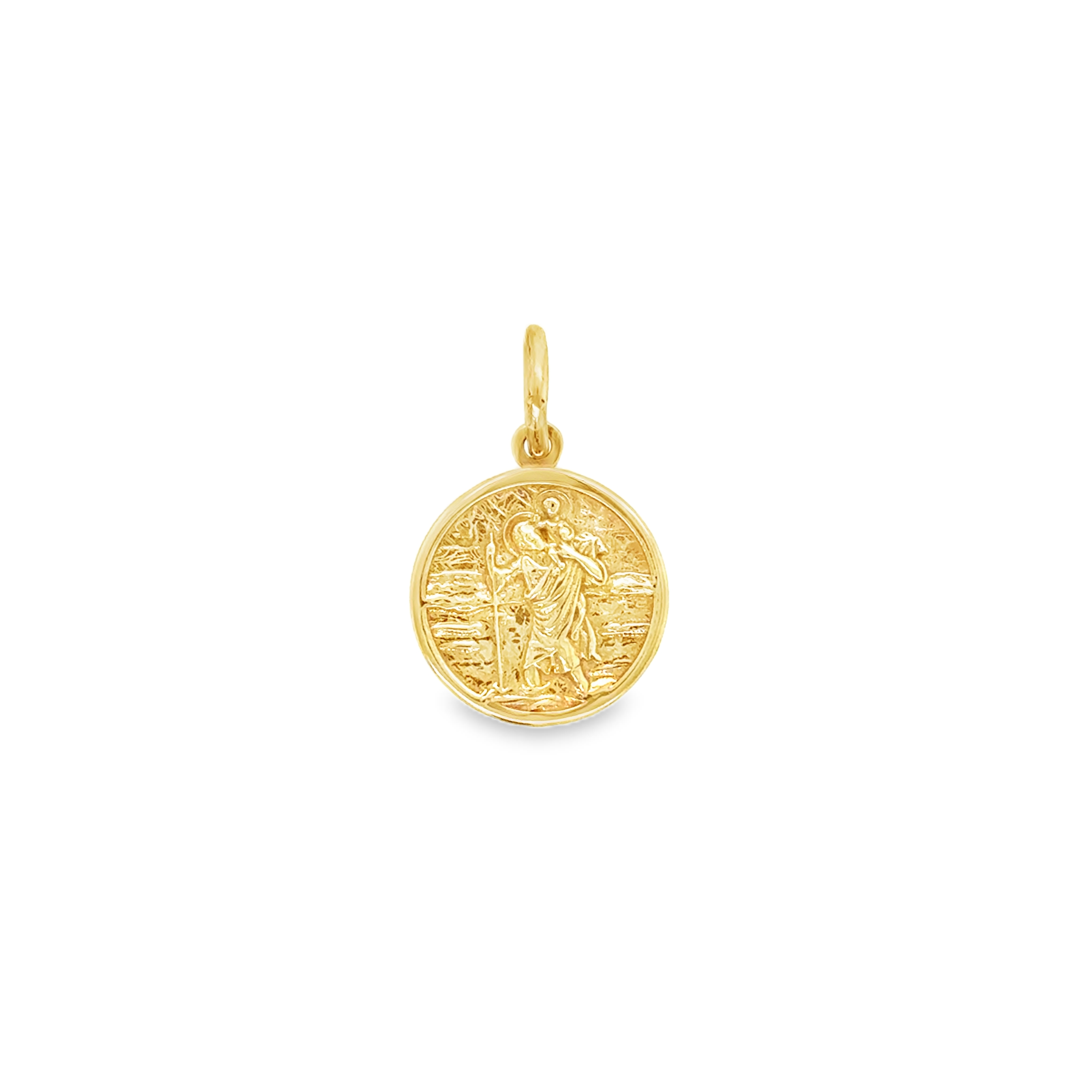 Gold pendant with a religious design on a white background