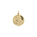 Gold pendant with a religious figure on a white background