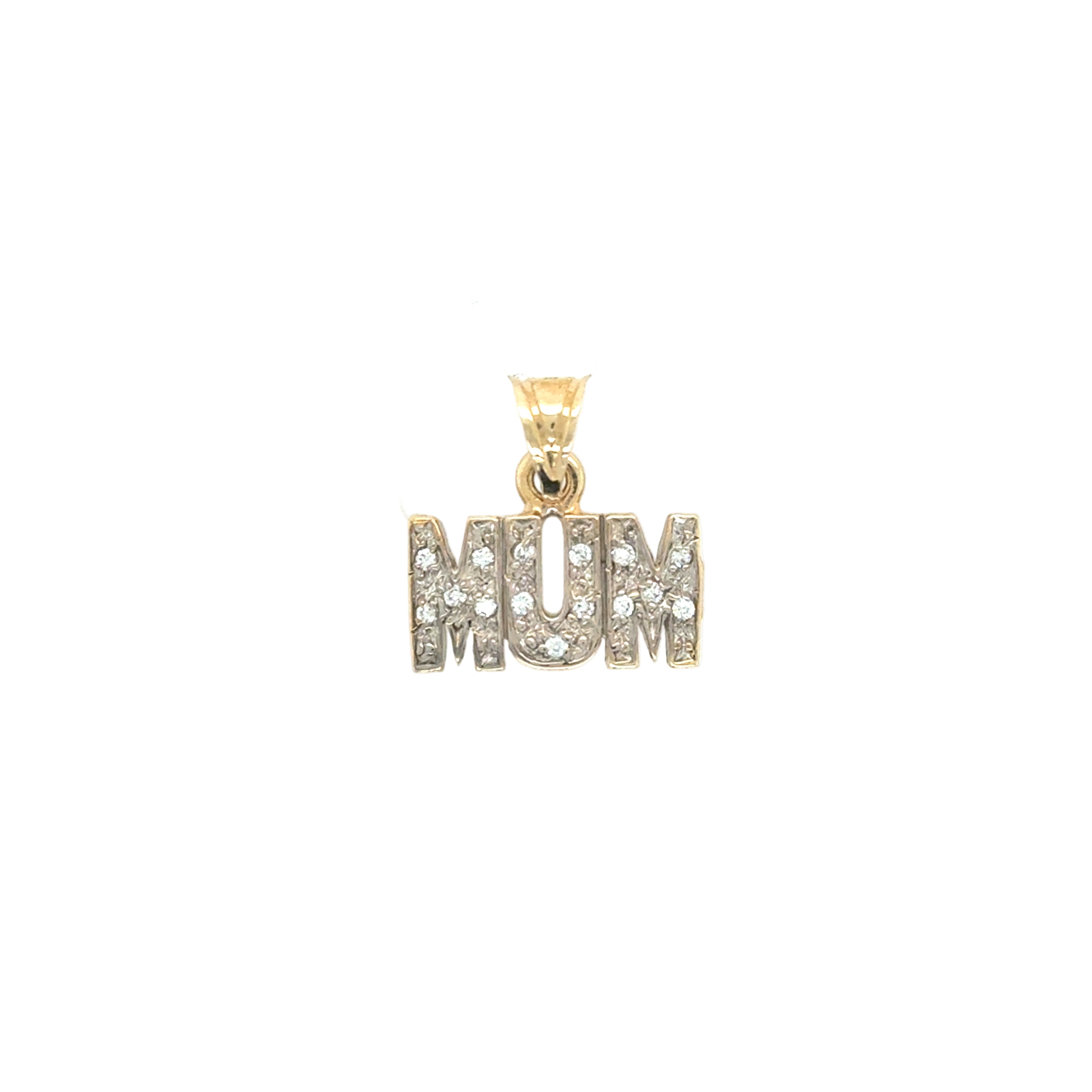 Gold pendant with 'MUM' text on a white background